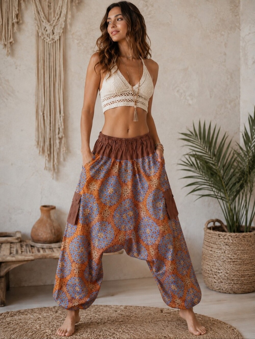 Bohemian Wide-Leg Harem Pants in Blue and Brown